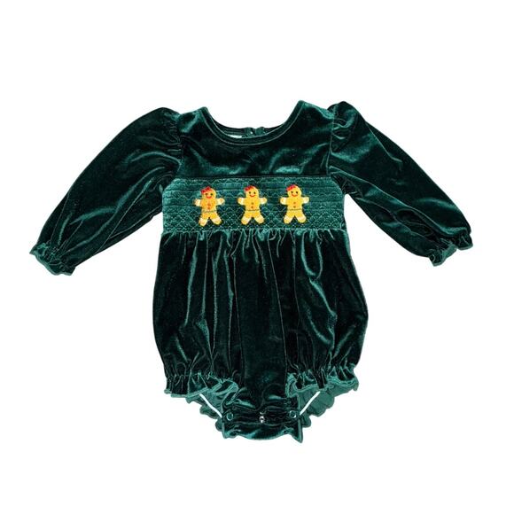 Infant Girls Christmas Green Velvet Gingerbread Man Smocked Romper 6-12m - Picture 1 of 3